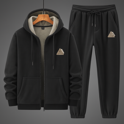 Fleece-Lined Thickened Casual Sporty Hooded Cardigan Sweatsuit (2-Piece Set)