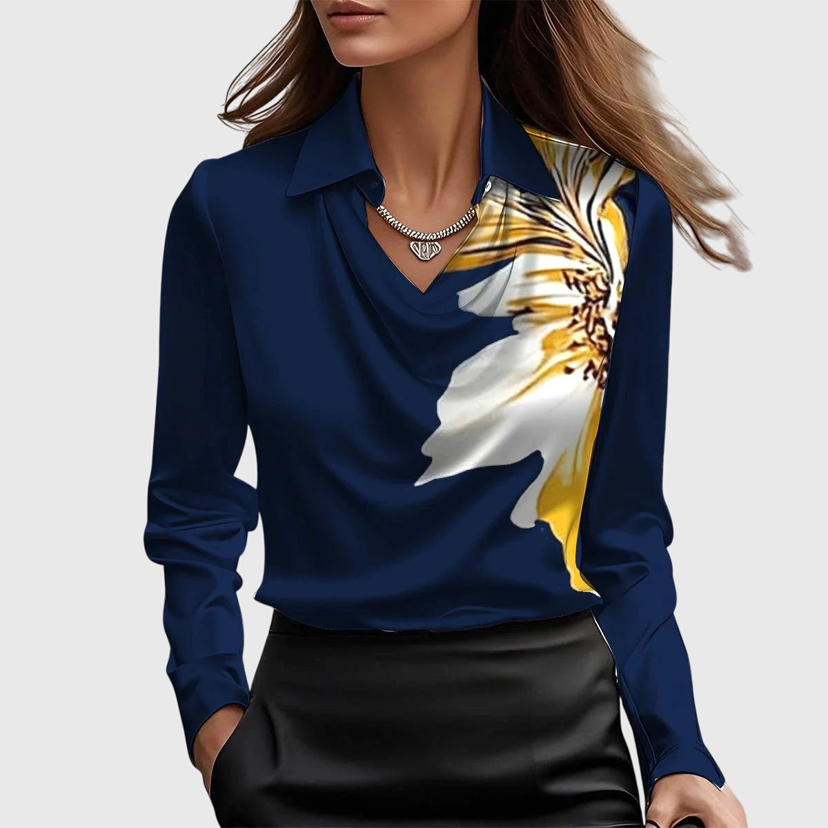 Long-sleeved satin collared top
shirt